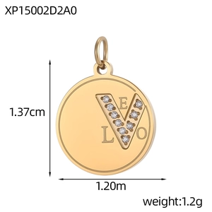 Detail view of gold stainless steel Love pendant with zircon pave setting and dimensions