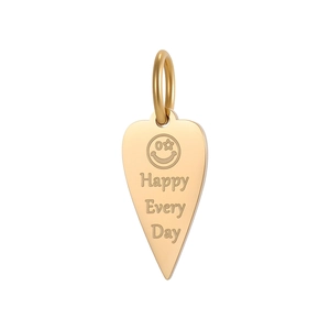 Detail view of heart-shaped gold plated pendant engraved with smile face and Happy Every Day