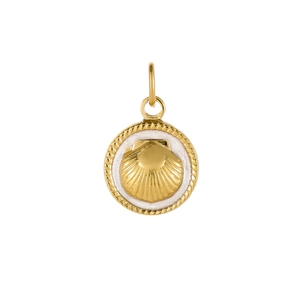 Detail of a golden sea shell pendant with white enamel inlay and twisted rope border