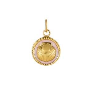 Macro detail of a gold seashell pendant with pink enamel and twisted rope border