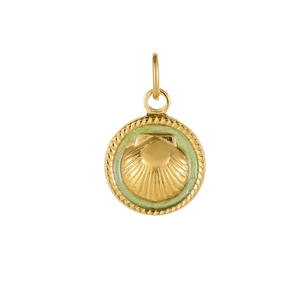 Detail view of a gold scallop shell pendant with green enamel and a twisted metal edge