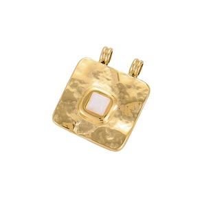 Hammered gold fan pendant with square light-colored gemstone for DIY jewelry crafting