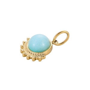 Detail of fan-shaped titanium steel pendant with turquoise stone and golden base