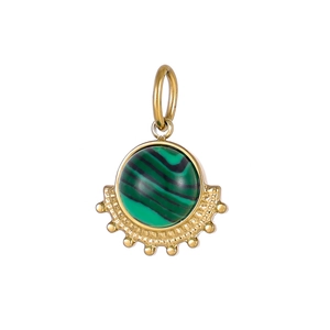 Macro detail of fan-shaped titanium steel pendant with natural green malachite stone
