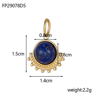 Macro view of vintage gold fan pendant with lapis blue stone showing 1.5cm height dimension