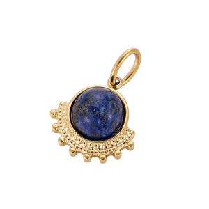 Macro detail of fan-shaped titanium steel pendant with natural blue lapis lazuli stone