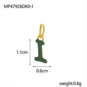 Golden stainless steel letter I pendant with dark green enamel finish and 1.1cm height