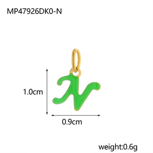 Gold stainless steel letter N pendant with green enamel, 1.0cm dainty alphabet charm