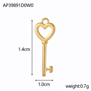 Golden stainless steel heart-shaped key charm for DIY jewelry making 1.4cm height