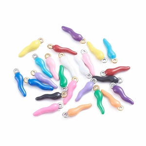 Colorful stainless steel cornicello chili pendants with vibrant enamel finish and gold rings