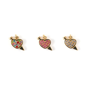 Detail of heart arrow charms with colorful zircons and gold-plated stainless steel finish
