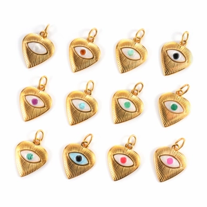 Detailed set of 12 gold-plated heart-shaped Evil Eye pendants with colorful resin center
