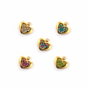 Set of five gold heart pendants with colorful crystals in a classic mouse head shape