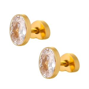 Orecchini ovali dorati con zircone effetto ghiaccio e chiusura a cuore dal design unico