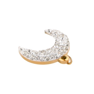 Detail of crescent moon pendant with gold base and micro-pave white zircon stones