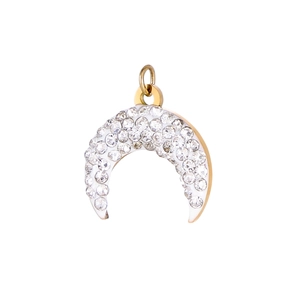 Golden crescent moon pendant with sparkling white crystals and mother of pearl inlay