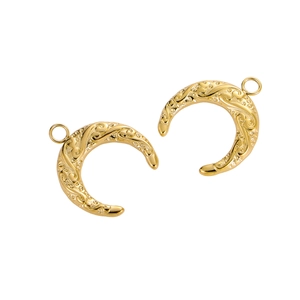 Vintage golden crescent moon pendants with engraved patterns for DIY jewelry making