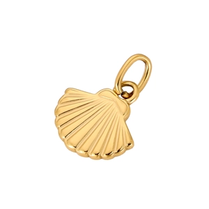Detailed view of a gold shell-shaped pendant with fine radial textures and a bail loop