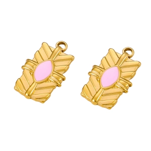 Détails de pendentifs rectangulaires dorés avec texture feuille et émail rose