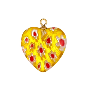 Squisito ciondolo a cuore in vetro millefiori giallo con anello dorato per gioielli DIY