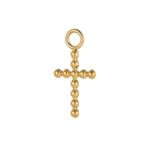 Makro-Detail des goldenen Kreuzanhängers mit 3D-Perlentextur und oberem Ringverschluss