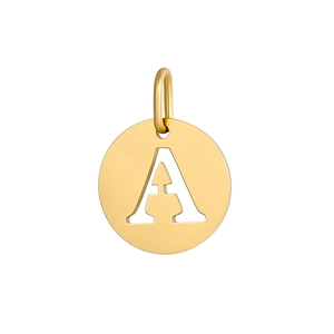 Golden stainless steel round pendant with hollow letter A design and shiny finish