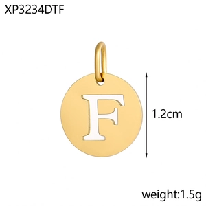 Close-up of golden stainless steel 1.2cm round pendant featuring a hollow letter F design