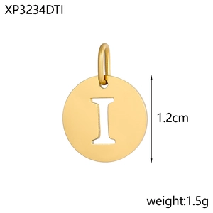 Detailed view of a 1.2cm gold plated letter I pendant with size and weight metrics