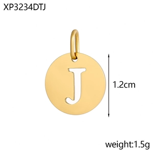 Detailed view of 1.2cm gold plated stainless steel letter J hollow round pendant charm