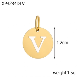Detailed view of a 1.2cm 14K gold plated stainless steel letter V round coin pendant
