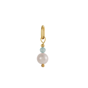 Detailed view of pearl and faceted blue bead pendant with elegant gold finish hardware