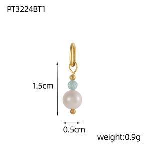 Detail view of pearl and blue bead earring with dimensions 1.5cm by 0.5cm and 0.9g weight