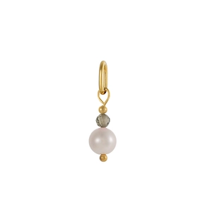 Close-up of small white pearl drop earrings with grey faceted stone and gold leaf detail
