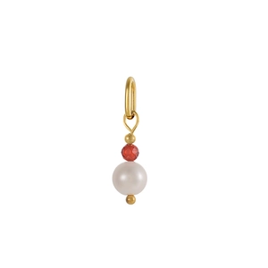 Detailed view of handmade freshwater pearl pendant with red bead and gold plating ring