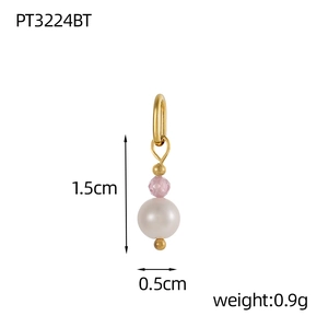 Detail showing 1.5cm pearl pendant with pink bead and golden loop on white background