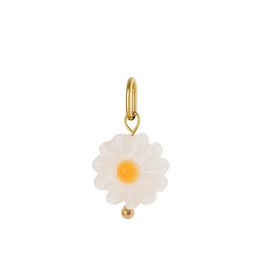 Close-up of a white daisy pendant with yellow center and gold metallic ring hardware