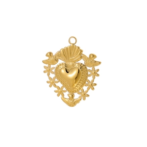 Detailed gold heart pendant featuring birds and angel wings with a polished finish