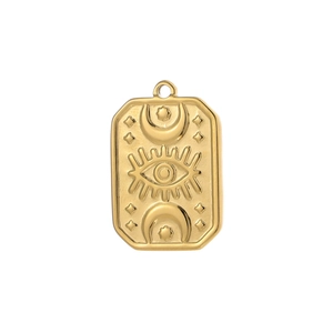 Detail of gold rectangular pendant with embossed evil eye, moon and star engraving
