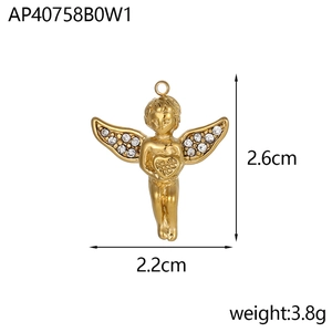 Detailed view of gold angel pendant with rhinestone wings measuring 2.6cm by 2.2cm