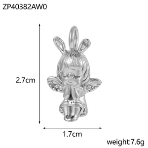 Silver angel moon pendant with rabbit ears and wings, 2.7x1.7cm stainless steel charm