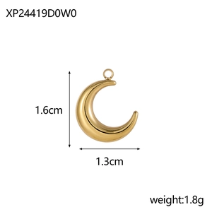 Golden moon-shaped pendant for DIY jewelry showing 1.6cm height and 1.3cm width