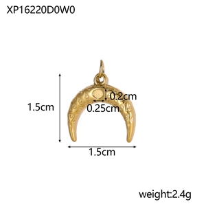 Detailed view of moon-shaped gold stainless steel pendant with sun engraving and size info