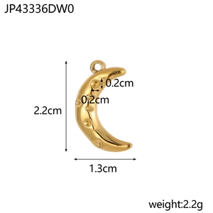 Golden crescent moon pendant with cratered texture showing dimensions 2.2cm by 1.3cm