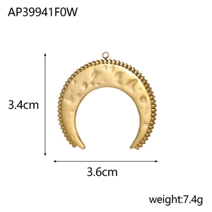 Detailed view of 3.4x3.6cm gold hammered crescent moon pendant with beaded edges