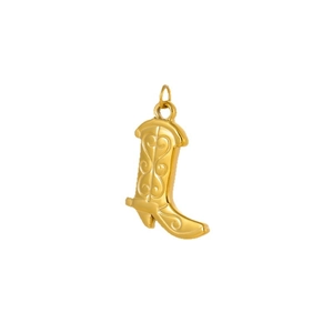 Golden western cowboy boot pendant with heart engraving and ornate swirling patterns