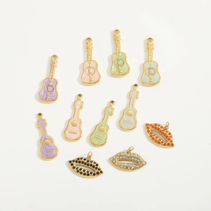 Gold-plated guitar and lip charms for jewelry making with colorful enamel and rhinestones