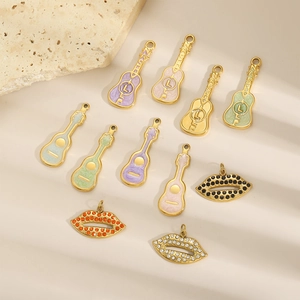 Golden guitar and lip charms with colorful enamel and sparkling zircon for DIY jewelry