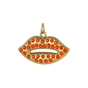 Close-up of a gold lip-shaped charm with orange rhinestones and a metal ring loop