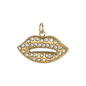 Detailed view of a gold-plated lip pendant with sparkling white crystals and top loop