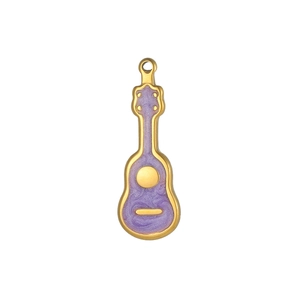 Detail view of guitar pendant with gold finish and purple enamel nebula pattern texture